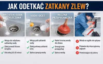 Jak odetkać zatkany zlew? Sposoby: soda i wrzątek, soda i ocet, przepychaczka. Gdy woda nie spływa, pojawia się zapach lub zatory, szukaj pomocy.