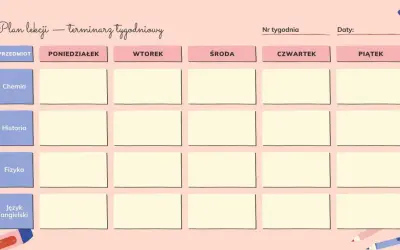 Plan lekcji to terminarz tygodniowy, który pomaga zorganizować naukę przedmiotów takich jak chemia, historia, fizyka i język angielski.