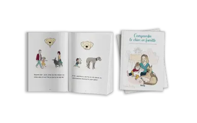 Illustrations d'un livre pour apprendre à communiquer avec son chien. Une famille interagit avec des chiens, abordant la compréhension mutuelle.