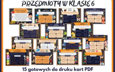 Przedmioty w klasie 6: język polski, matematyka, biologia, historia, geografia, technika, informatyka, wychowanie fizyczne, etyka, religia, język obcy.