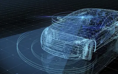 Sekrety "ukrytych usterek": jak mechanicy sprawdzają stan zawieszenia na szarpakach. Cyfrowy model auta na tle siatki.