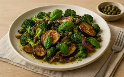 En härlig sallad med friterad kapris, aubergine, broccoli och basilika.