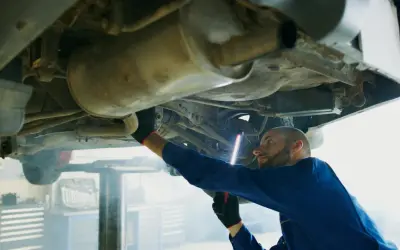 Mechanik w niebieskim kombinezonie oświetla latarką p0420 podwozie samochodu.