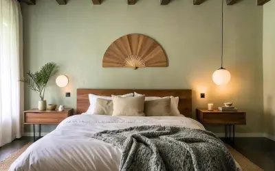 A cozy, dark bedroom with a large bed, wooden beams, and a decorative fan above the headboard.