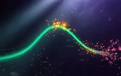 Onda verde brillante que atraviesa un campo energético cósmico, salpicado de partículas doradas y rosadas.
