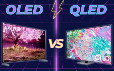 OLED vs QLED: telewizor LG OLED z kwitnącym drzewem kontra Samsung QLED z abstrakcyjnym obrazem. Który wybrać?