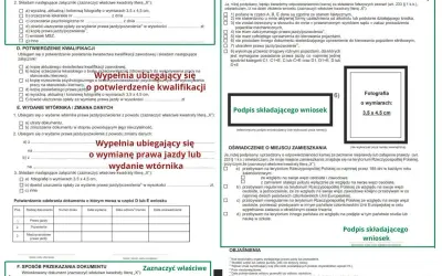 Formularz wniosku o wydanie prawa jazdy lub jego wtórnika, zawierający dane osobowe i oświadczenia kandydata na kierowcę.