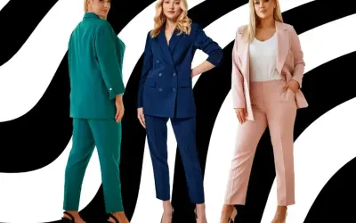Eleganckie garnitury damskie na wesele XXL w kolorach: butelkowa zieleń, granat i pudrowy róż. Stylowe propozycje dla każdej kobiety.