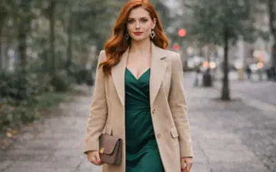 Elegancka kobieta w beżowym płaszczu o klasycznym fasonie, z zieloną sukienką i brązową torebką.