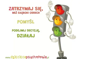 Sygnalizacja świetlna z buźkami zachęca do zatrzymania, oddechu, przemyślenia i działania. Unikaj demoralizacji, podejmuj mądre decyzje.