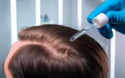 Un guante azul aplica un suero en el cuero cabelludo, buscando el mejor tratamiento capilar para revitalizar el cabello.