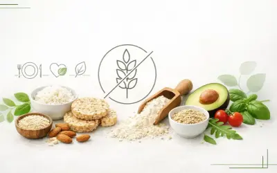 Kompozycja produktów idealnych na dieta bezglutenowa: ryż, kasza, migdały, mąka, awokado, pomidorki i zioła.