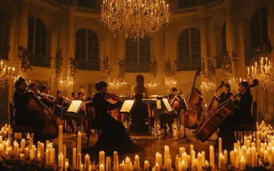 Orkiestra smyczkowa gra w blasku świec. Nastrojowy ludovico einaudi koncert w eleganckiej sali.
