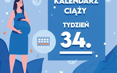 Kobieta w niebieskiej sukience, w 34 tygodniu ciąży, z uśmiechem na twarzy. Obok kalendarz i napisy "KALENDARZ CIĄŻY TYDZIEŃ 34".