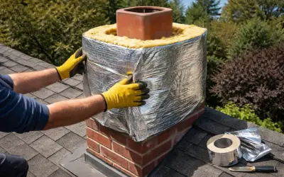 Installation d'isolant autour du conduit de cheminée en brique. Les mains gantées ajustent le matériau réfléchissant.