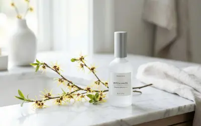 Botella de aceite de hamamelis junto a ramas con flores amarillas. Descubre las maravillosas hamamelis propiedades para tu piel.
