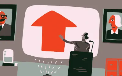 En talare pekar på en stor röd pil uppåt, medan porträtt av två äldre personer hänger på väggen. Det visar hur man kan implementera en strategi för tillväxt.