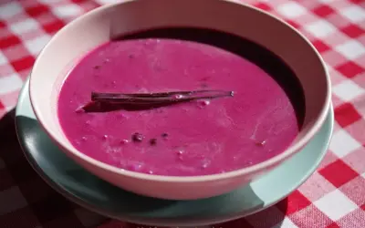 Aksamitna zupa jagodowa z laską wanilii, podana w miseczce na kraciastym obrusie.