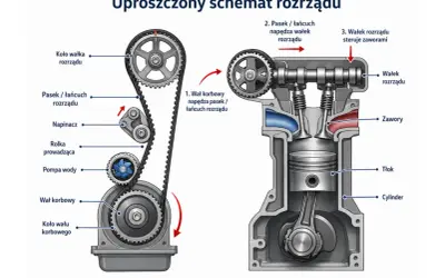 Schemat rozrządu silnika. Pasek napędza wałek rozrządu, który steruje zaworami. Sprawdź, co ile wymieniać rozrząd, by uniknąć awarii.