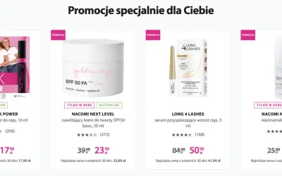 Promocje kosmetyków: tusz GOSH, krem Nacomi SPF50, serum do rzęs Long 4 Lashes, serum z niacynamidem Nacomi. Zgodnie z dyrektywą Omnibus, podane ceny są najniższymi z ostatnich 30 dni.