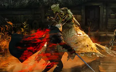Geralt walczy z upiorem w płomieniach, to trudne zadanie poboczne.