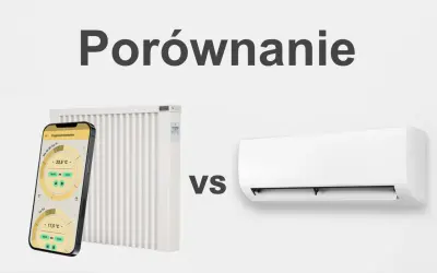 Porównanie tradycyjnego grzejnika z klimakonwektorem. Na ekranie telefonu widać aplikację do sterowania temperaturą.