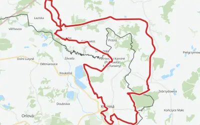 Mapa z zaznaczonymi trasami rowerowymi Śląsk, prowadzącymi przez Łaziska, Karvinę i Jastrzębie-Zdrój.