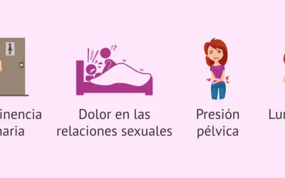 Ilustraciones de incontinencia, dolor en las relaciones sexuales, presión pélvica y lumbago, síntomas asociados al prolapso uterino.