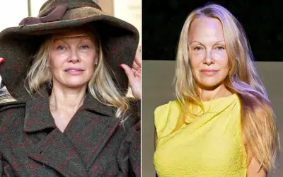 Pamela Anderson no makeup, i vänster bild med hatt och rutig kappa, i höger bild i gul klänning.