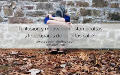 Persona sentada contra pared de piedra, con hojas secas en el suelo. El texto pregunta: "¿Qué es la motivación? Tu ilusión y motivación están ocultas. ¿Te ocuparás de dejarlas salir?".