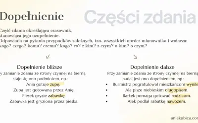 Dopełnienie to część zdania uzupełniająca czasownik, odpowiadająca na pytania przypadków zależnych. Przykłady: Ania gotuje zupę, Bartek pomaga rodzicom.