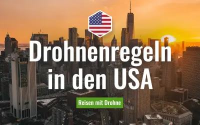Drohnenregeln in den USA: Ein Hexagon mit US-Flagge über einer Skyline bei Sonnenuntergang. Reisen mit Drohne.