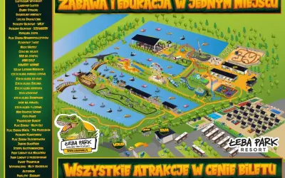 Mapa wesołego miasteczka Łeba Park z atrakcjami dla całej rodziny, w tym zjeżdżalniami, parkiem linowym i placami zabaw.