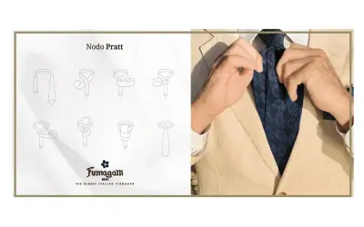 Illustrazione del nodo Pratt e un uomo che si sistema la cravatta, per imparare come fare il nodo alla cravatta.