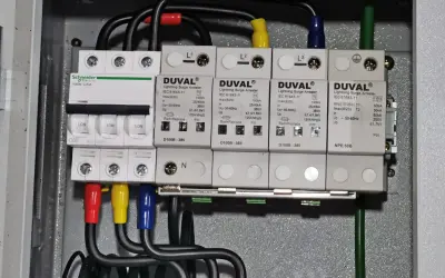 Zabezpieczenie przedlicznikowe z wyłącznikami i ochronnikami przepięciowymi DUVAL, chroniące instalację przed skutkami wyładowań atmosferycznych.