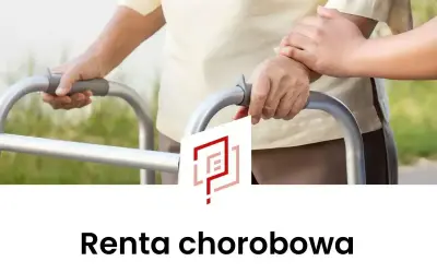 Osoba starsza z pomocą drugiej osoby porusza się przy użyciu chodzika. Temat: renta chorobowa.