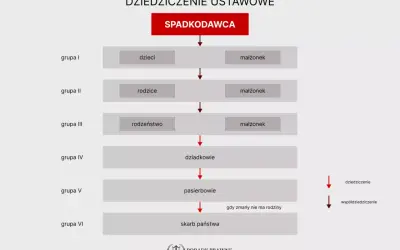 Schemat dziedziczenia ustawowego: kto dziedziczy spadek po spadkodawcy - dzieci, małżonek, rodzice, rodzeństwo, dziadkowie, pasierbowie, a w ostateczności skarb państwa.