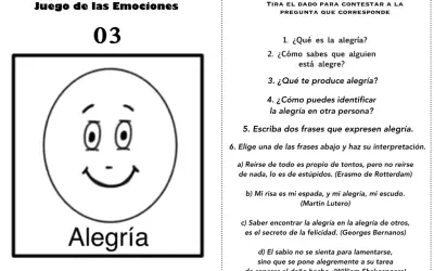 Juego de las Emociones con actividades para trabajar la alegría. Incluye preguntas y citas sobre la emoción.