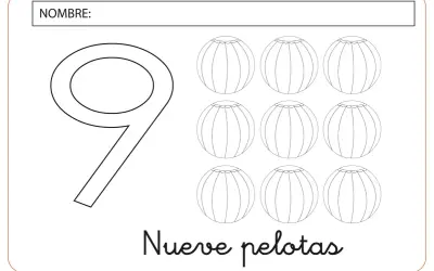Ficha número 9: un gran número 9 junto a nueve pelotas para colorear.