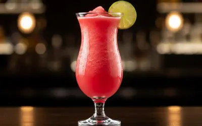 En frostig watermelon daiquiri med en limeklyfta, perfekt för en varm sommardag.