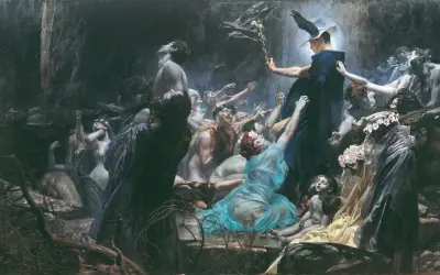 Hades bóg, władca świata podziemnego, w otoczeniu dusz pragnących wyzwolenia.