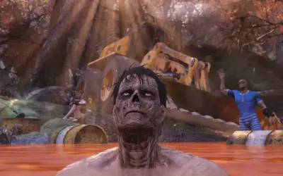 Postapokaliptyczny krajobraz, zmutowany człowiek w wodzie, koparka i szkielet. Kiedy fallout 5?