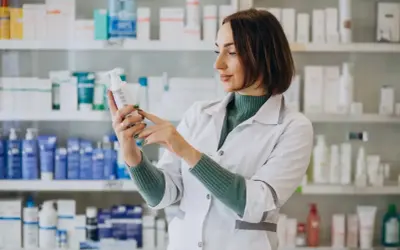 Farmaceutka w białym fartuchu analizuje skład leku, który może być wydany na receptę farmaceutyczną.