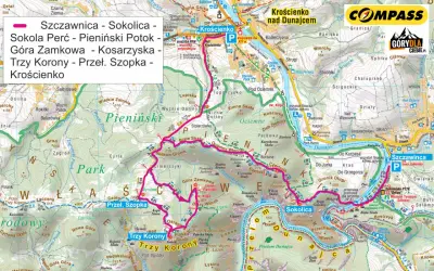 Mapa turystyczna Pienin z zaznaczonymi szlakami, w tym trasą na Trzy Korony i Sokolicę.