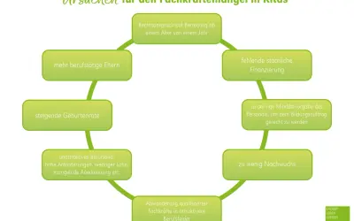 Ursachen für den Personalmangel in Kitas: steigende Geburtenrate, mehr berufstätige Eltern, unattraktives Berufsbild, Abwanderung, zu wenig Nachwuchs, fehlende Finanzierung, zu geringe Personalschlüssel.