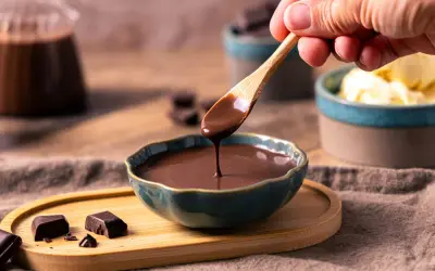 Ein Löffel mit flüssiger Schokosauce tropft in eine Schale. Perfekt für ein schokosauce rezept schnell.
