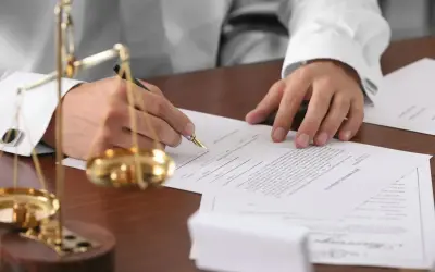 Prawnik podpisuje dokumenty, gdzie rozstrzygane jest prawo do zachowku a testament. Waga sprawiedliwości symbolizuje równowagę.