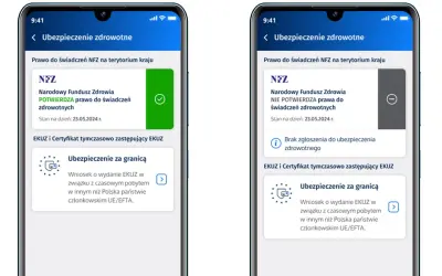 Aplikacja mobilna pokazuje, jak sprawdzić czy mam ubezpieczenie zdrowotne. Po lewej potwierdzenie, po prawej brak zgłoszenia.