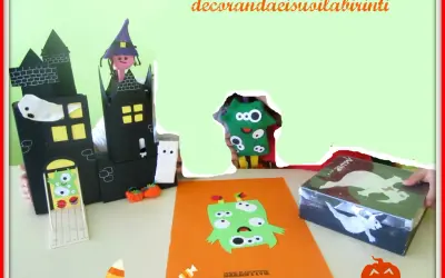 Un castello di Halloween da colorare, con fantasmi, mostri e zucche, pronto per essere decorato.