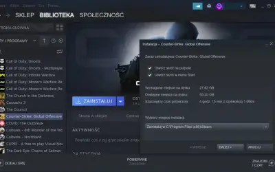 Jak usunąć grę z biblioteki Steam? Okno instalacji Counter-Strike: Global Offensive pokazuje, że gra zajmuje 27.62 GB.